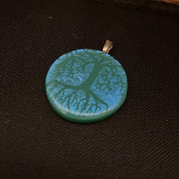 Teal Fused Art Glass Jewelry Necklace Pendant with Spiritual Tree of Life - Picture 1 of 5